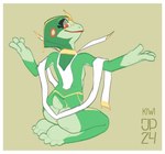 accessory anthro big_breasts border breasts clothed clothing dancing female gold_(metal) gold_jewelry green_body jewelry nipples nude partially_clothed pose red_eyes sitting small_breasts solo white_border johnnypescado kiwi_(dredjir) amphibian frog hi_res