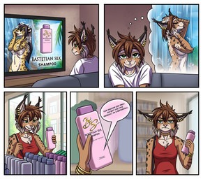 anthro bathing black_hair breasts brown_hair dialogue disappointed disclosure eyes_closed female fur hair humor imagination markings navel nude nude_anthro nude_female shampoo shopping showering smile solo spots spotted_body spotted_fur tan_body tan_fur text water waterfall waterfall_shower yellow_body yellow_fur heresy_(artist) lancer:_the_knights_of_fenris mika_fadeneir felid feline leopard lynx mammal pantherine comic english_text