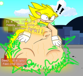 abdominal_bulge anthro belly_on_ground bodily_fluids clothing dialogue dialogue_box digestion duo exclamation_point face_imprint footwear fur gloves hand_on_belly handwear imprint lying male male/male male_pred male_prey on_front onomatopoeia red_clothing red_eyes red_footwear red_shoes red_sneakers rumbling_stomach shoes sneakers sound_effects sweat sweatdrop text unwilling_prey vore white_clothing white_gloves white_handwear yellow_body yellow_fur lemonytibbits sega sonic_the_hedgehog_(series) knuckles_the_echidna sonic_the_hedgehog super_sonic echidna eulipotyphlan hedgehog mammal monotreme english_text hi_res