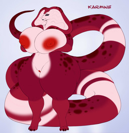 4_toes anthro areola big_breasts big_nipples big_tail breast_squish breasts claws eyelashes feet female genitals hand_on_breast holding_breast huge_breasts huge_hips huge_tail huge_thighs markings navel nipples non-mammal_breasts non-mammal_navel non-mammal_nipples nude overweight overweight_anthro overweight_female red_areola red_body red_markings red_nipples red_spots simple_background snake_hood solo spots spotted_markings squish standing tail text thick_thighs toes vulva white_body wide_hips sherrabast cobra legged_snake reptile scalie snake character_name colored digital_drawing_(artwork) digital_media_(artwork) english_text flat_colors hi_res
