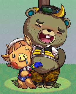 anthro biped black_nose blonde_hair blue_inner_ear blush blush_lines bodily_fluids bottomwear brown_body brown_fur buckteeth cheek_spots clothed clothing duo eyebrows eyes_closed eyewear eyewear_on_head female freckled_face freckles fur glasses glasses_on_head hair hat headgear headwear holding_feather laugh loose_feather male one_eye_closed open_mouth open_smile orange_body pants smile snot tail teeth tickle_fetish tickling tickling_belly young young_anthro young_female lkiws animal_crossing nintendo c.j._(animal_crossing) daisy_mae_(animal_crossing) beaver mammal rodent suid suine sus_(pig) wild_boar hi_res