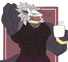abs anthro black_clothing black_shirt black_topwear bone bone_mask bottomwear bracelet clothing coffee_mug collar container cup grey_body grey_hair groggy hair hand_behind_head holding_container holding_cup holding_mug holding_object jewelry male mask mug muscular muscular_arms open_mouth pecs shirt skull skull_mask sleeveless_shirt solo tail tight_clothing tight_shirt tight_topwear topwear translucent translucent_clothing wingzzarts mythology dragor_(wingzzarts) dragon mythological_creature mythological_scalie scalie wingless_dragon hi_res