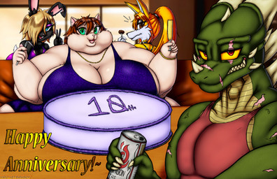 alcohol anniversary anthro beer beverage beverage_can big_breasts black_body black_fur blonde_hair blue_eyes bracelet breasts brown_eyes brown_hair buckteeth cake clothing cutlery dessert ear_piercing ear_ring eyeshadow female food fork fur furniture gesture glass green_body green_scales group hair hand_gesture horn huge_breasts jewelry kitchen_utensils makeup male meat morbidly_obese morbidly_obese_anthro morbidly_obese_female multicolored_body multicolored_fur multicolored_scales necklace notched_ear obese obese_anthro obese_female one_eye_obstructed orange_body orange_fur orange_hair overweight overweight_anthro overweight_female piercing ponytail red_eyes ring_piercing scales scar shirt sitting sleeveless_shirt table teal_eyes teeth text tools topwear two_tone_body two_tone_fur two_tone_scales v_sign ventral_scales yellow_body yellow_scales yellow_sclera viroveteruscy if_hell_had_a_taste mythology blake_sinclair marci_fidchell skylar_fidchell tiffany_mason canid canine domestic_cat dragon felid feline felis fox lagomorph leporid mammal mythological_creature mythological_scalie rabbit scalie 2025 absurd_res digital_media_(artwork) english_text hi_res