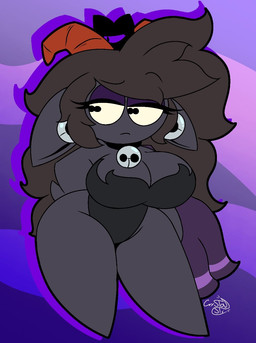 anthro bell bell_collar big_breasts born breasts bunny_costume clothing collar costume dark_hair eyeshadow female hair horizontal_pupils horn long_hair makeup pupils purple_eyeshadow red_horn solo thick_thighs crystalstic cult_of_the_lamb massive_monster_(studio) goat_(cult_of_the_lamb) purple_crown_(cult_of_the_lamb) bovid caprine goat mammal 2026 hi_res