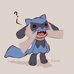 3_fingers 3_toes 5_fingers ambiguous_gender anthro black_eyes blue_body blue_fur blue_tail feet fingers front_view fur hand_on_head open_mouth simple_background solo standing tail teeth toes tongue advos nintendo pokemon generation_4_pokemon pokemon_(species) riolu 1:1 2024