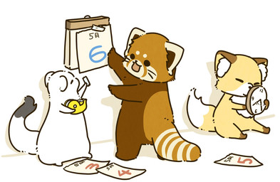 biped brown_body calendar chibi clock dot_eyes eyes_closed feral group simple_eyes sitting white_body shi_nominmin ailurid canid canine fox mammal mustelid musteline red_panda stoat true_musteline weasel 2023 hi_res