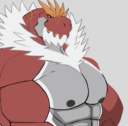 abs anthro anthrofied beard biceps facial_hair hair looking_down male muscular muscular_anthro muscular_male nipples non-mammal_nipples pecs red_body smile solo white_eyes white_hair darknaigart nintendo pokemon dinosaur fossil_pokemon generation_6_pokemon pokemon_(species) prehistoric_species reptile scalie theropod tyrannosaurid tyrannosauroid tyrannosaurus tyrannosaurus_rex tyrantrum absurd_res hi_res