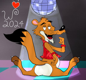 3_toes 4_fingers anthro belly biped black_eyebrows black_eyes black_nose black_tail_tip bottomless bottomless_anthro bottomless_male butt cheek_tuft chest_tuft chin_tuft claws clothed clothing curling_tail curling_toes dancefloor dipstick_tail disco disco_ball disco_floor eyebrows facial_tuft fangs feet finger_claws fingers floating_eyebrows fur glance half-closed_eyes head_tuft heart_symbol humanoid_hands looking_at_viewer looking_back looking_back_at_viewer male markings monobutt multicolored_body multicolored_butt multicolored_fur narrowed_eyes open_mouth orange_body orange_fur overweight overweight_anthro overweight_male paws pose presenting presenting_hindquarters raised_eyebrow raised_tail rear_view red_clothing red_topwear red_vest red_wristband sitting smile smiling_at_viewer solo spread_legs spreading tail tail_markings teeth toe_claws toes toony topwear tuft two_tone_body two_tone_butt two_tone_fur vest whisker_spots whiskers white_belly white_body white_finger_claws white_fur white_sclera white_toe_claws wide_hips wheeler-bertrand wheeler_bertrand mammal mustelid musteline true_musteline weasel 2024 colored dated digital_drawing_(artwork) digital_media_(artwork) flat_colors hi_res pinup signature