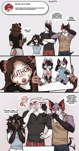 5_fingers anthro biped blush bottomwear breasts brown_body brown_fur brown_hair butt clothed clothed_anthro clothed_female clothed_male clothing crossed_arms dialogue ear_piercing eyes_closed eyewear female fingers friends_with_benefits front_view fully_clothed fully_clothed_anthro fully_clothed_female fully_clothed_male fur gauged_ear glasses grey_tail group hair hand_on_hip hand_on_own_hip male navel pants piercing purple_body purple_fur rear_view shirt simple_background smile speech_bubble standing t-shirt tail tail_motion tailwag text thought_bubble throuple topwear white_body white_fur young spuydjeks kisa_(spuydjeks) marshall_(spuydjeks) miles_(spuydjeks) spuydjeks_(character) american_opossum bat hyena lagomorph leporid mammal marsupial rabbit 2026 absurd_res comic digital_drawing_(artwork) digital_media_(artwork) english_text hi_res