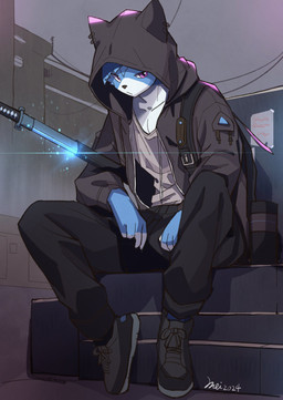 anthro belt belt_buckle black_belt black_bottomwear black_clothing black_footwear black_hoodie black_nose black_pants black_shoes black_topwear blue_body blue_fur bottomwear brown_clothing brown_shirt brown_topwear buckle clothing footwear fur hoodie humanoid_hands male melee_weapon pants rock shirt shoelaces shoes sitting solo sword topwear weapon white_body white_fur mimuma_studio canid canine fox mammal 2024 dated full-length_portrait hi_res portrait signature