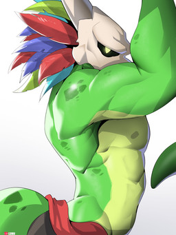 anthro biceps bone bone_mask clothed clothing green_body male mask muscular muscular_male pecs simple_background skull skull_mask solo tail topless white_background lumii terraria witch_doctor_(terraria) lihzahrd 3:4 absurd_res hi_res