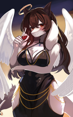 anthro black_clothing black_dress breasts brown_hair closed_smile clothed clothing container cup dress drinking_glass feathered_wings feathers female floppy_ears front_view fully_clothed fur glass glass_container glass_cup hair horn looking_at_viewer mouth_closed red_eyes simple_background smile solo standing tail tail_tuft tuft white_body white_feathers white_fur wine_glass wings kemo_yuki mythology aria_(fluffeve) dragon furred_dragon furred_scalie mythological_creature mythological_scalie scalie absurd_res hi_res