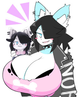 anthro big_breasts black_bra black_clothing black_hair black_underwear blue_eyes blush blush_stickers bra bra_peek breasts cleavage clothed clothed_anthro clothed_female clothing collar eyelashes female fur hair hair_over_eye holding_object huge_breasts inner_ear_fluff jacket looking_at_viewer one_eye_obstructed open_clothing open_jacket open_mouth open_smile open_topwear pink_clothing pink_topwear plushie smile solo spiked_collar spiked_jacket spikes topwear tuft underwear white_body white_fur theycallhimcake no_fear_(brand) maggie_applebee canid canine canis domestic_dog mammal bust_portrait digital_drawing_(artwork) digital_media_(artwork) hi_res mixed_media photography_(artwork) portrait