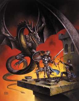 ambiguous_gender armor arrow_(weapon) black_body bow_(weapon) breasts building claws female feral flying group headgear helmet holding_bow_(weapon) holding_melee_weapon holding_object holding_ranged_weapon holding_shield holding_sword holding_weapon horn long_tongue melee_weapon membrane_(anatomy) membranous_wings open_mouth plate_armor ranged_weapon red_eyes scale_armor shield size_difference sword tongue weapon wings clyde_caldwell dragon_magazine mythology dragon human mammal mythological_creature mythological_scalie scalie 1983 hi_res official_art