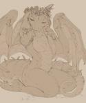 anthro biped breasts eyes_closed featureless_breasts female kneeling nude simple_background smile solo tail wings conditional_dnp oouna mythology dragon mythological_creature mythological_scalie scalie hi_res monochrome