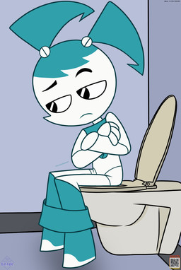 bathroom bored bottomwear bottomwear_down clothing crossed_arms female machine peeing peeing_into_toilet sitting sitting_on_toilet skirt_down solo toilet toilet_use thedispenser69 my_life_as_a_teenage_robot nickelodeon jenny_wakeman humanoid robot robot_humanoid hi_res