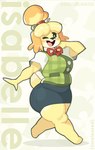 anthro belly big_breasts big_butt black_nose blush blush_stickers bottomwear breasts butt clothing female fur hand_behind_head looking_at_viewer one_eye_closed open_mouth open_smile short_tail skirt slightly_chubby slightly_chubby_anthro slightly_chubby_female smile smiling_at_viewer solo tail text thick_thighs topwear walking wink winking_at_viewer yellow_body yellow_fur yellow_tail doodledox animal_crossing nintendo isabelle_(animal_crossing) canid canine canis domestic_dog mammal shih_tzu toy_dog 2024 artist_name digital_drawing_(artwork) digital_media_(artwork)