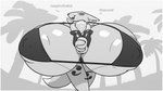 2023 anthro areola areola_outline areola_slip bandai_namco big_breasts bikini black_sclera borisalien breasts canid clothing dialogue digimon digimon_(species) digital_media_(artwork) female hi_res huge_breasts hyper hyper_breasts looking_at_viewer low-angle_view mammal nipple_outline renamon solo swimwear talking_to_viewer
