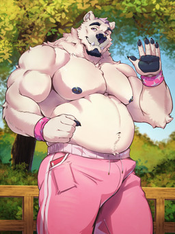 5_fingers anthro areola arm_tuft back_muscles belly_tuft biceps big_muscles big_pecs biped black_claws black_eyebrows black_facial_hair black_goatee black_nose blue_areola blue_nipples blue_pawpads blue_sky bottomwear cellphone cheek_tuft chest_tuft claws closed_smile clothed clothing deltoids elbow_tuft electronics exposed_teeth eyebrows facial_hair facial_tuft fence finger_claws fingers forearm_muscles fur gesture goatee gradient_eyes gradient_nose hair humanoid_hands inner_ear_fluff jogging jogging_outfit leaf looking_at_viewer low-angle_view male mouth_closed multicolored_nose multicolored_pants multicolored_sweatpants multicolored_wristband musclegut muscular muscular_anthro muscular_arms muscular_male nature nature_background navel neck_tuft nipple_piercing nipples outside pants pattern_clothing pattern_wristband pawpads pecs phone piercing pink_bottomwear pink_clothing pink_eyes pink_hair pink_pants pink_sweatpants pink_wristband plant pockets pupils purple_eyes purple_nose raised_arm red_smartphone short_hair shrub sky smartphone smile solo standing star_pattern star_print stripes sweatpants thick_thighs three-quarter_view topless topless_male tree triceps tuft underbite waving waving_at_viewer white_body white_bottomwear white_clothing white_fur white_pants white_pupils white_stripes white_sweatpants white_wristband wood wood_fence wristband purtropos bear mammal polar_bear ursine 2026 3:4 digital_media_(artwork) hi_res signature