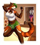 2022 abs absurd_res ailurid anthro arm_support arm_tuft athletic athletic_female background_character backpack being_watched belly bent_leg big_breasts biped border bottomwear bracelet breasts brown_nose bulge canid canine canis cellphone chest_tuft claws clothed clothing crossed_arms curvy_figure dancing digital_media_(artwork) dolphin_shorts doorway duo elbow_tuft electronics eyes_closed female fingers fully_clothed fur green_bottomwear green_clothing green_hair grey_body grey_fur gynomorph hair headphones heart_symbol hi_res highlights_(coloring) holding_cellphone holding_headphones holding_object holding_phone holding_smartphone inside intersex jacket jewelry leaning leaning_on_doorway leaning_on_elbow leaning_on_object leggings legwear light lighting listening_to_music long_hair looking_at_another love m_artifex mammal markings navel necklace nipple_outline open_mouth orange_body orange_fur orange_hair pawpads phone photo_frame pink_pawpads raised_arm red_panda romantic romantic_couple rug shaded shelf shirt shorts signature slightly_chubby smartphone smile solo_focus striped_markings striped_tail stripes tail tail_markings tail_motion tailwag tank_top teeth thick_thighs tongue topwear trans_(lore) trans_woman_(lore) tuft vase voluptuous white_body white_border white_claws white_clothing white_fur white_jacket white_topwear wolf