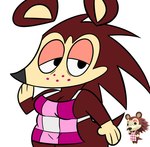 anthro apron apron_only black_eyes breasts brown_body cleavage clothed clothing female freckles googie_aesthetic looking_at_viewer simple_background solo tail thick_thighs white_background jdone animal_crossing nintendo sable_able eulipotyphlan hedgehog mammal 2025 digital_media_(artwork) hi_res reference_image