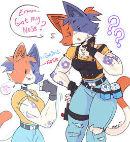 anthro belt biped blep bottomwear breasts brown_body bulletproof_vest chest_tuft clothing collar collarbone denim denim_bottomwear denim_clothing dialogue dot_eyes duo eyebrows eyelashes female female_anthro fingerless_gloves flexing gloves grey_body hair handwear jeans pants ponytail question_mark simple_eyes tongue tongue_out torn_bottomwear torn_clothing torn_jeans torn_pants tuft white_body beezii epic_games fortnite cate_meowdy calico_cat domestic_cat felid feline felis mammal 2026 hi_res