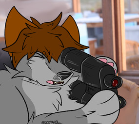 anthro brown_hair confusion fur grey_body grey_fur hair looking_through_binoculars male pawpads pink_pawpads pink_tongue solo tongue 2001maxx conditional_dnp maxx_(2001maxx) canid canine canis domestic_dog husky mammal nordic_sled_dog spitz