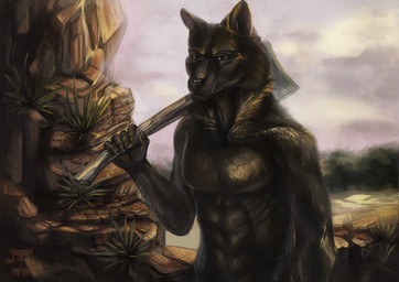 anthro axe fur looking_at_viewer male melee_weapon muscular muscular_anthro muscular_male outside solo standing weapon weapon_on_shoulder antanariva canid canine mammal absurd_res hi_res