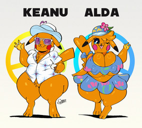 3_toes aloha_shirt anthro areola areola_slip barefoot big_breasts bottomwear breasts clothing crop_top duo eyewear feet female flower_on_hat hat headgear headwear long_ears male orange_body pattern_clothing pattern_shirt pattern_topwear shirt skirt sunglasses tail thick_thighs toes topwear under_boob yellow_body carlos_jurado_cartoons nintendo pokemon fan_character mr._windychu ms._wavychu generation_1_pokemon mammal mouse murid murine pikachu pokemon_(species) rodent hi_res