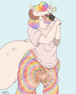 anthro bovid_horn brush caprine_horn clean_diaper clothed clothing diaper diaper_under_clothing eyes_closed hair hairbrush horn male multicolored_hair open_mouth pajama_pants pajamas rainbow_hair ram_horn shirt singing solo standing tie-dye topwear wearing_diaper steelshark bovid caprine mammal sheep absurd_res hi_res