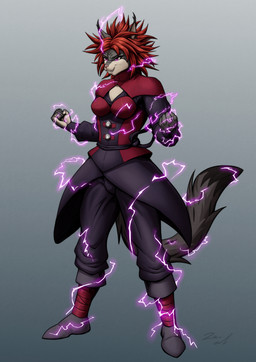 anthro boots clenched_teeth clothed clothed_anthro clothed_female clothing electricity female flowing_hair footwear fully_clothed fully_clothed_anthro fully_clothed_female gradient_background grin hair looking_away magic magic_user pupils purple_eyes red_hair shoes simple_background slit_pupils smile solo standing tail teeth za-owl elwyna_(za-owl) domestic_cat felid feline felis mammal 2025 absurd_res digital_drawing_(artwork) digital_media_(artwork) hi_res