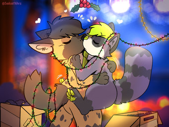 accidental_holly black_hair blurred_background box christmas_decorations christmas_lights container green_hair hair holidays holly_(plant) hug kissing lights plant conditional_dnp sadcat16hrz christmas laphin_hyena hyena mammal procyonid raccoon 4:3 hi_res