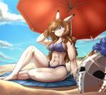 abs anthro armor beach biceps bikini brown_hair clothed clothing cloud female fur hair headgear helmet inner_ear_fluff long_hair muscular muscular_anthro muscular_female parasol scar seaside sitting sky smile solo swimwear tuft two-piece_swimsuit white_body white_fur otakuap aleanora armorbun lagomorph leporid mammal rabbit digital_media_(artwork) hi_res