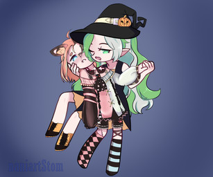 bite blood blue_eyes bodily_fluids chibi clothing duo empty_eyes female female/female food footwear fruit green_eyes green_hair hair hat headgear headwear multicolored_hair open_mouth plant pumpkin simple_background socks witch_costume witch_hat naniartstom josephine_(oc) leyla_(oc) animal_humanoid cat_humanoid felid felid_humanoid feline feline_humanoid human humanoid mammal mammal_humanoid vampire 6:5 absurd_res hi_res watermark