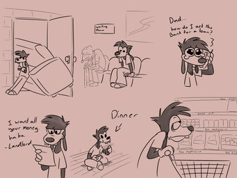 4_fingers age_difference anthro asking asking_another baseboard bent_legs black_eyes black_hair bodily_fluids box brick_wall brown_body brown_clothing brown_footwear brown_gloves brown_handwear brown_shoes brown_skin brown_sofa buckteeth cellphone chair chips_(food) closed_frown clothed clothed_anthro clothed_male clothing container crossed_legs crying dialogue directional_arrow door doorway dot_eyes duo eating eating_food elderly_anthro elderly_male electronics fingers floppy_ears food footwear frown fully_clothed fully_clothed_anthro fully_clothed_male furniture furrowed_brow furrowed_eyebrows gloves grocery_store grumpy hair handwear holding_cane holding_cellphone holding_fork holding_object holding_paper holding_phone light lop_ears male mouth_closed no_eyebrows older_anthro older_male on_chair open_door paper phone potato_chips pushing reading_paper shelf shoes shopping_cart sign simple_eyes sitting sitting_on_chair sofa standing tears teeth text tired_eyes unimpressed wall_(structure) window younger_anthro younger_male insert-thenewbl-here disney goof_troop max_goof canid canine canis domestic_dog mammal 2025 4:3 digital_drawing_(artwork) digital_media_(artwork) english_description english_text hi_res lighting multiple_scenes shaded