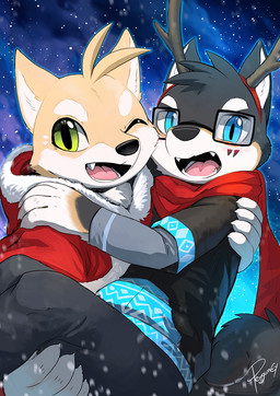 anthro black_body black_clothing black_fur black_nose black_shirt black_t-shirt black_topwear blue_eyes clothed clothing cosmic_background duo fake_antlers fake_horns fur glistening glistening_eyes green_eyes grey_clothing grey_topwear happy head_tuft looking_at_viewer male one_eye_closed open_mouth open_smile pink_tongue red_clothing red_scarf red_topwear scarf shirt smile space space_background t-shirt tan_body tan_fur tongue topwear tuft white_body white_fur penguinexperience canid canine canis domestic_dog mammal shiba_inu spitz signature