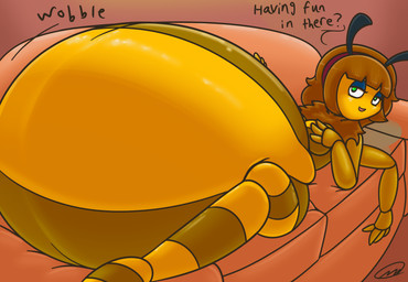 4_arms after_vore anthro belly big_belly duo female female_pred furniture huge_belly lying multi_arm multi_limb on_back overweight sofa text vore yellow_body axlwisp arthropod bee hymenopteran insect 2015 hi_res