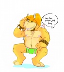 anthro biped body_hair boxer_briefs bracelet bulge candy chest_hair clothed clothing dessert dialogue food food_in_mouth front_view horn jewelry lollipop looking_at_viewer male musclegut muscular navel nipples pecs sitting solo speech_bubble spiked_bracelet spikes text topless underwear fvorte mario_bros nintendo bowser koopa scalie english_text