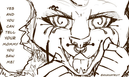 anthro black_eyeshadow cross dialogue ear_piercing eyebrow_piercing eyeshadow facial_piercing facial_tattoo female forked_tongue hypnotic_eyes inverted_cross lip_piercing makeup nose_piercing piercing running_makeup solo tattoo text tongue tongue_piercing ananafruit felid lion mammal pantherine absurd_res black_and_white english_text hi_res monochrome