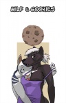 ambiguous_gender anthro apron apron_only areola areola_slip big_breasts black_areola blue_hair breasts clothed clothing comic cookie cover cover_art cover_page dark_areola domestic_cat duo felid feline felis female food fur hair hi_res leanne_summers licking mammal mature_anthro mature_female mephitid milf_&_cookies mostly_nude mother_(lore) parent_(lore) ritts skunk tongue tongue_out underwear