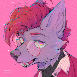 anthro cheek_tuft clothing coat eyewear facial_tuft fur glasses glowing glowing_body glowing_fur glowing_hair grey_body grey_fur hair inner_ear_fluff iris looking_at_viewer male pink_background pupils purple_body purple_eyes purple_fur red_hair round_glasses shirt simple_background snout solo sweater teeth tongue topwear tuft turtleneck vitiligo wearing_glasses andre_moraph andre_moraph_(character) canid canine canis mammal wolf 1:1 2026 absurd_res colored digital_drawing_(artwork) digital_media_(artwork) english_description headshot_portrait hi_res icon portrait signature