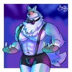 abs alcohol anthro beverage biceps big_muscles blue_body blue_eyes blue_fur blue_hair blush bow_(feature) bow_in_front bow_tie broad_shoulders bulge clothed clothing fur hair holding_object male muscular muscular_anthro muscular_male pecs serving serving_alcohol serving_beverage solo straps underwear vein waiter white_body white_fur rrobburr brand_new_animal studio_trigger shirou_ogami canid canine canis mammal wolf 1:1 2021 digital_media_(artwork) hi_res portrait three-quarter_portrait