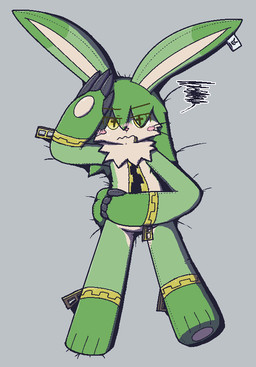 angry anthro bed blush blush_lines blush_stickers claws countershading dipstick_ears ear_markings emanata frustration_cloud furniture green_body green_hair hair hollow_body lying multicolored_ears neck_tuft on_back on_bed plushie solo tuft unusual_anatomy whiskers yellow_eyes zipper zipper_mouth oagoner animate_inanimate lagomorph leporid living_plushie mammal rabbit aliasing alternate_version_at_source digital_media_(artwork)