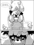 adolescent age_difference anthro big_breasts breasts close-up duo female male naughty_face text young jumpjump undertale undertale_(series) rick2tails toriel boss_monster_(undertale) bovid canid canine caprine fox hybrid mammal procyonid raccoon 3:4 comic english_text greyscale hi_res monochrome