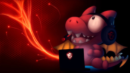 ambiguous_gender big_eyes chibi computer electronics headphones laptop looking_at_another open_mouth red_body simple_background sitting smile solo tail teeth tongue charunikkoo msi mythology lucky_(msi) dragon mythological_creature mythological_scalie scalie 16:9 2019 digital_media_(artwork) hi_res wallpaper widescreen