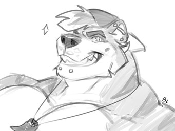 anthro baseball_cap clothing ear_piercing ear_stud front_view grin hair hat headgear headwear industrial_piercing jewelry male male_anthro multiple_piercings muscular muscular_anthro muscular_male necklace nude pecs piercing short_hair simple_background smile solo solaxe_(artist) kyo_(kiasano) canid canine canis domestic_dog hybrid mammal mustelid otter 4:3 bust_portrait monochrome portrait sketch