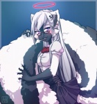 anthro big_tail black_body black_fur clothed clothing eyewear female fur glasses hair halo long_hair looking_at_viewer multicolored_body multicolored_fur purple_eyes solo tail two_tone_body two_tone_fur white_body white_fur white_hair lapres asphyxia_lemieux mammal mephitid skunk striped_skunk hi_res