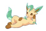 absurd_res ambiguous_gender brown_eyes brown_inner_ear brown_nose chest_tuft dipstick_ears ear_markings eeveelution featureless_crotch feral generation_4_pokemon gloves_(marking) green_ear_tips green_tail head_tuft hi_res leaf leaf_tail leafeon leg_markings looking_forward lying markings multicolored_ears nintendo on_back open_mouth pokemon pokemon_(species) side_view simple_background socks_(marking) solo sword-dance tail tan_body tuft white_background yellow_body