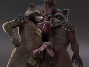 animal_genitalia animal_penis anthro balls brown_body brown_fur erection foreskin fur genitals group hand_on_penis humanoid_genitalia humanoid_penis hybrid_genitalia hybrid_penis knot knotted_penis looking_at_genitalia looking_at_penis male male/male nipples nude partially_retracted_foreskin penis size_difference smile standing trio no-name-no-problem guardians_of_the_galaxy marvel rocket_raccoon bovid bovine cattle mammal procyonid raccoon 3d_(artwork) 4:3 digital_media_(artwork) hi_res