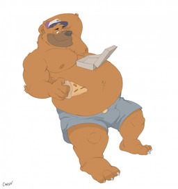 anthro arm_tuft belly big_belly bottomwear box brown_body brown_fur chin_tuft claws clothed clothing container elbow_tuft facial_tuft five_o'clock_shadow food fur hand_behind_head hat head_tuft headgear headwear male moobs musclegut muscular nipples object_on_belly overweight overweight_anthro overweight_male pizza pizza_box shorts simple_background slight_bulge smile stubble toe_claws topless topless_male tuft canson bear brown_bear mammal ursine hi_res